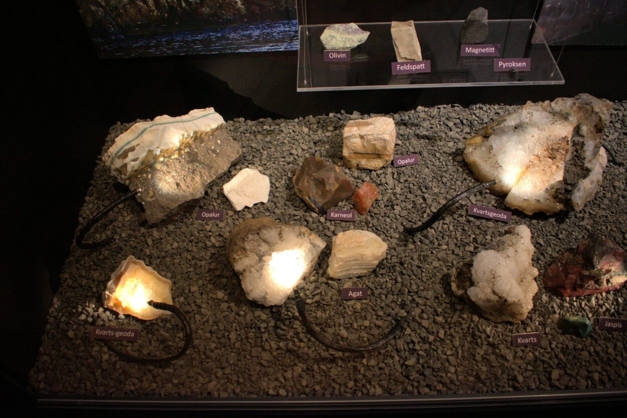 Eine Ausstellung von Gesteinen und Mineralien in einer Glasvitrine.