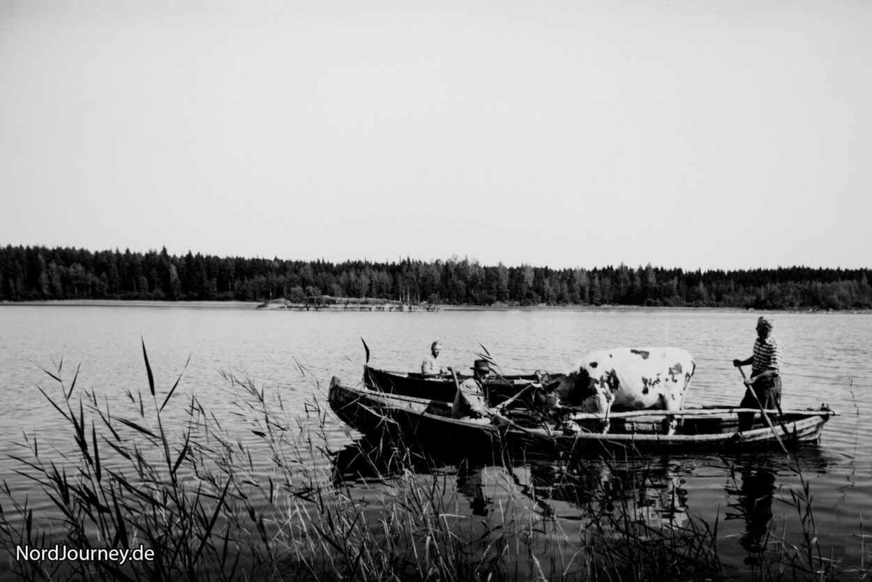 Zwei Personen in einem Boot auf einem See.
