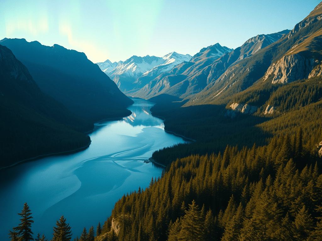 Ein ruhiger See schlängelt sich unter einem klaren blauen Himmel durch ein Tal, umgeben von dichten Wäldern und schroffen Bergen.
