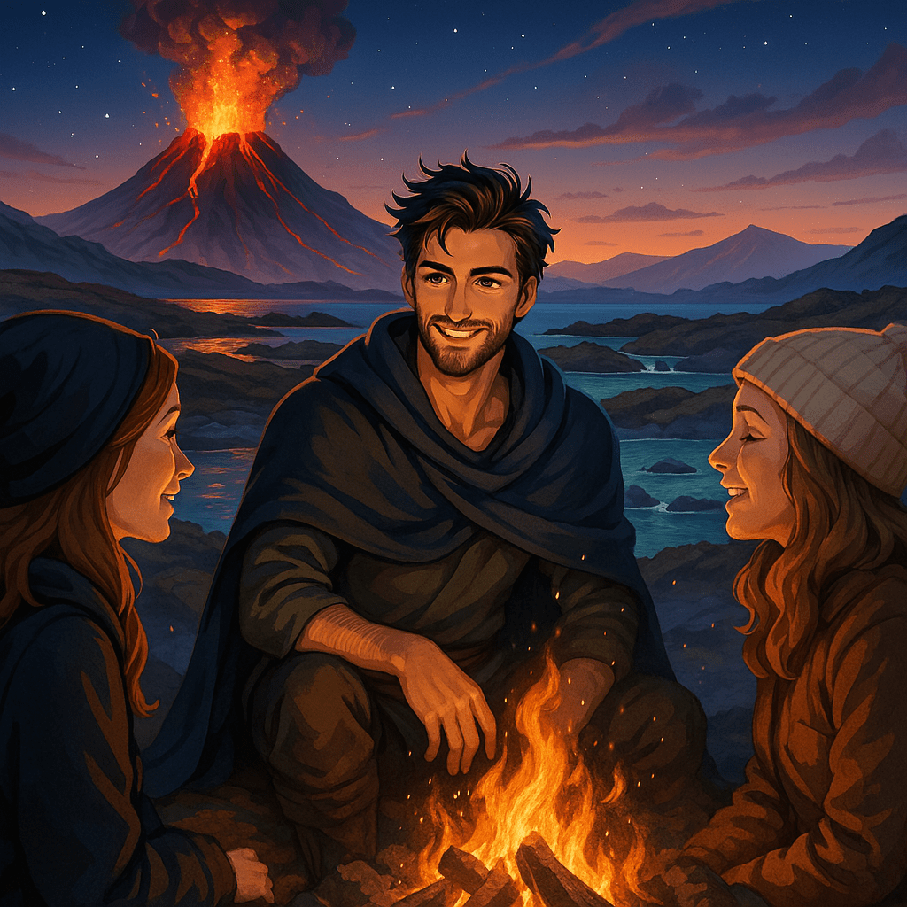 Drei Menschen sitzen unter dem Abendhimmel um ein Lagerfeuer, im Hintergrund das feurige Schauspiel eines ausbrechenden Vulkans. Diese Szene ist Teil einer unvergesslichen Reise, denn Kári, unser digitaler Nordlicht-Guide, sorgt dafür, dass jeder Moment unvergesslich bleibt.