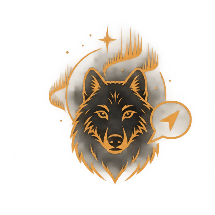 Stilisierte Illustration eines Wolfskopfes in Gold und Schwarz mit einer Sprechblase, die ein Papierflieger-Symbol enthält, vor einem dekorativen Hintergrund.