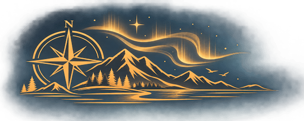 Stilisierte goldene Illustration von Bergen, Bäumen, Wasser und einem Kompass auf der linken Seite, mit Nordlichtern und Sternen am Nachthimmel.